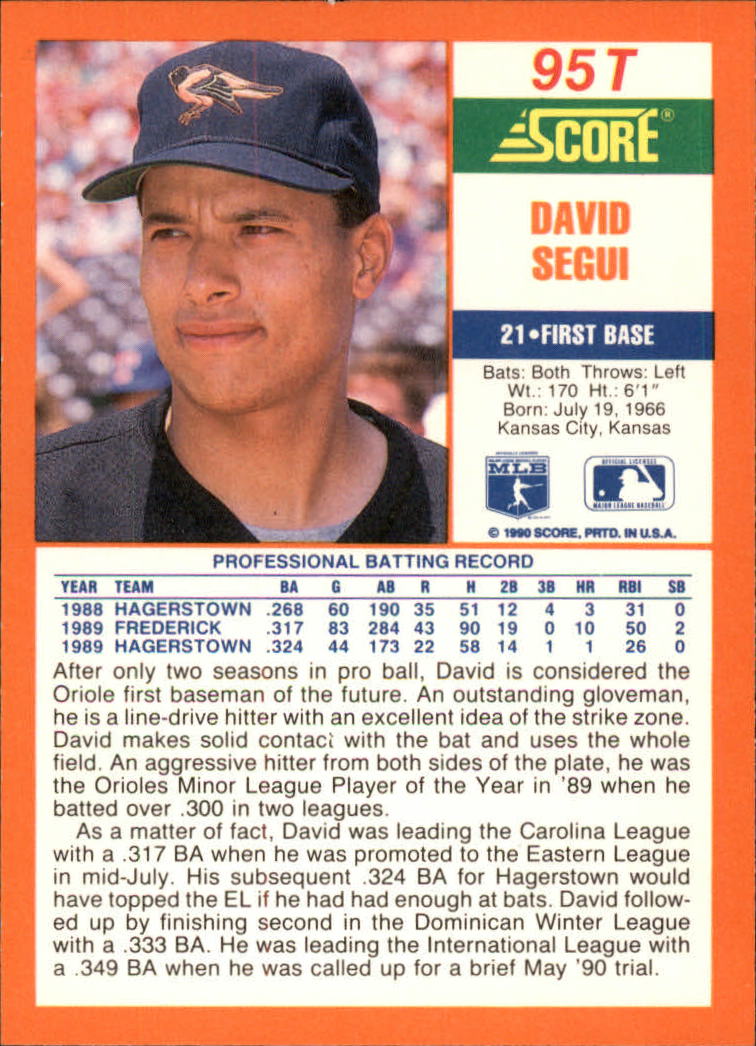 1990 Score Rookie/Traded #95T David Segui RC back image