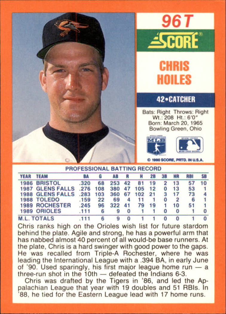 1990 Score Rookie/Traded #96T Chris Hoiles RC back image