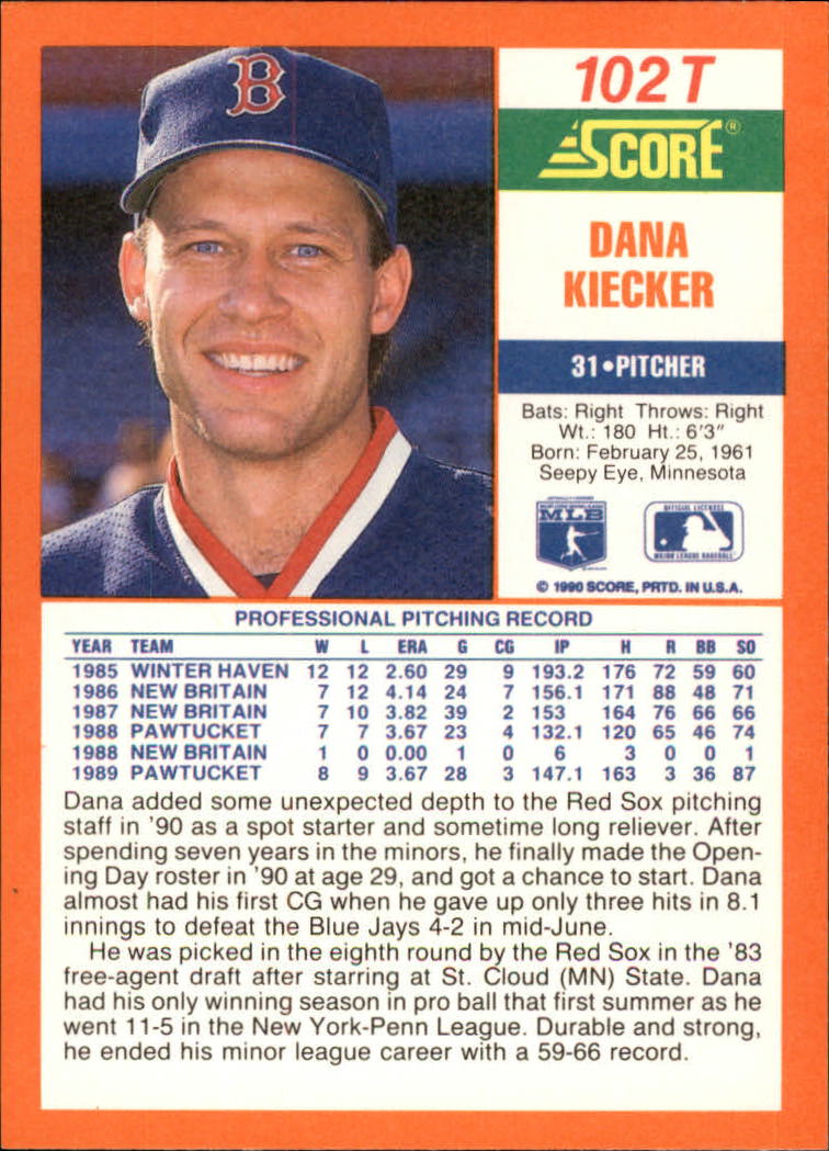 1990 Score Rookie/Traded #102T Dana Kiecker RC back image