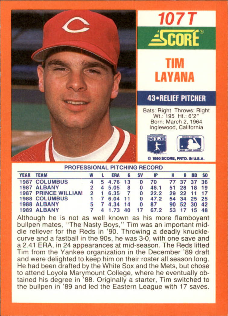 1990 Score Rookie/Traded #107T Tim Layana RC back image