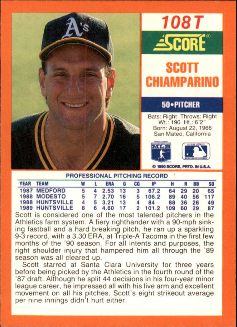 1990 Score Rookie/Traded #108T Scott Chiamparino RC back image
