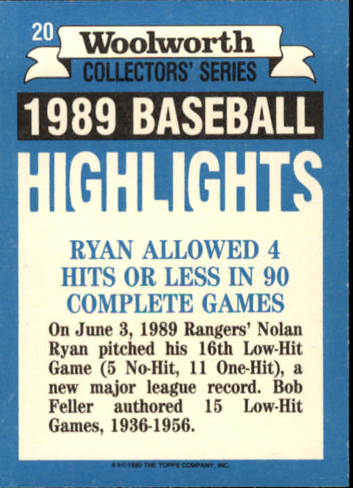 1990 Woolworth's Topps #20 Nolan Ryan back image