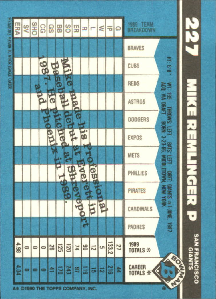 1990 Bowman Tiffany #227 Mike Remlinger