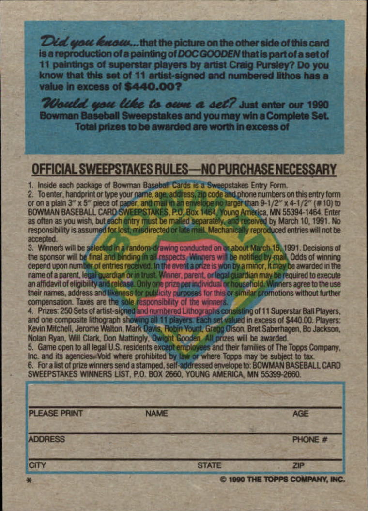 1990 Bowman Baseball "Art Inserts" Insert Cards - Picture 7 of 21