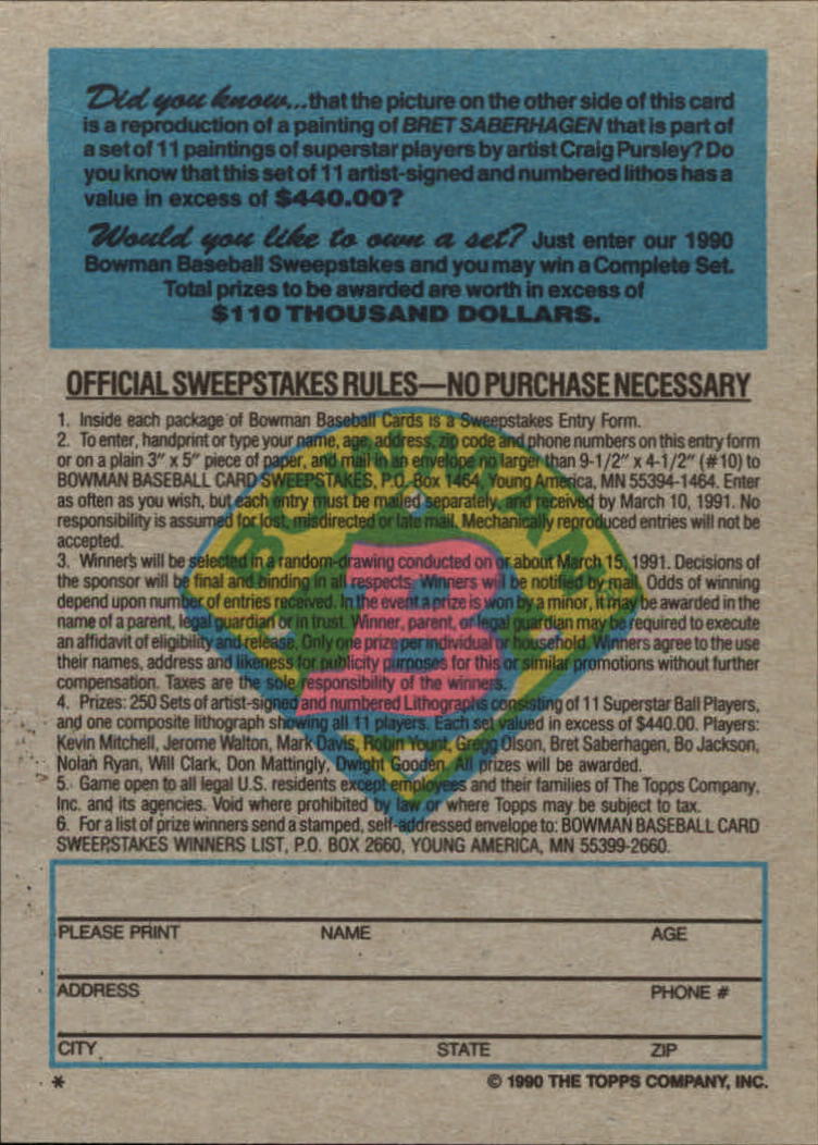 1990 Bowman Baseball "Art Inserts" Insert Cards - Picture 17 of 21