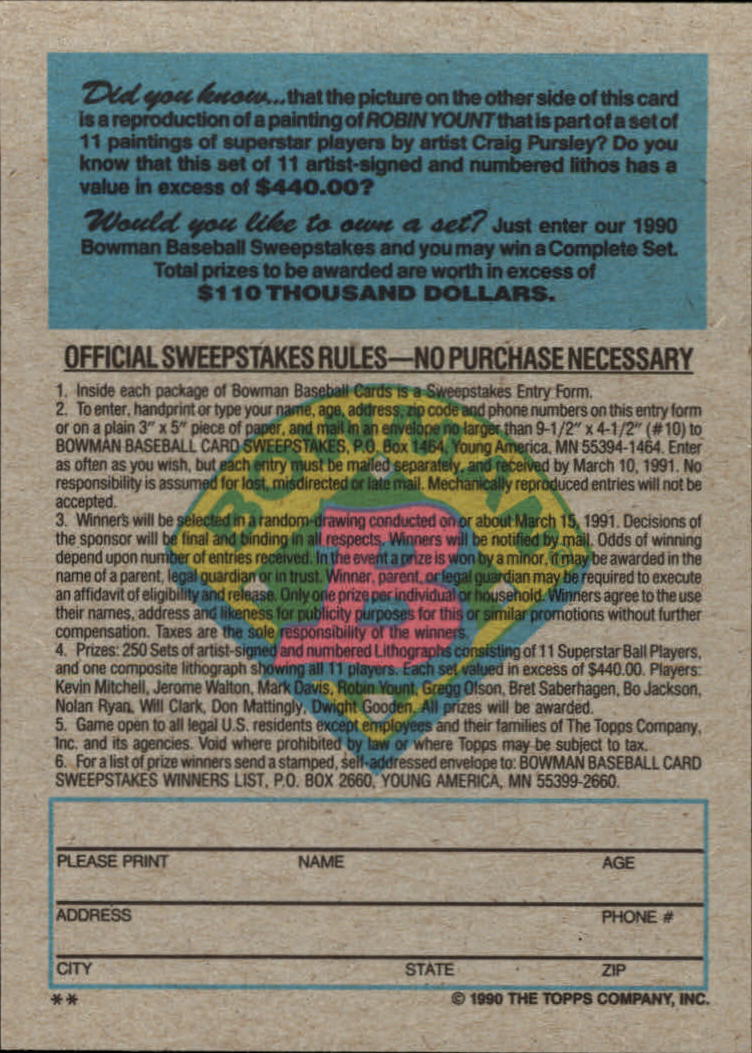 1990 Bowman Baseball "Art Inserts" Insert Cards - Picture 21 of 21