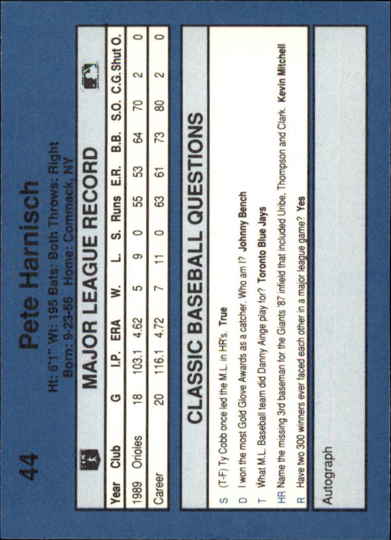 1990 Classic Blue #44 Pete Harnisch back image