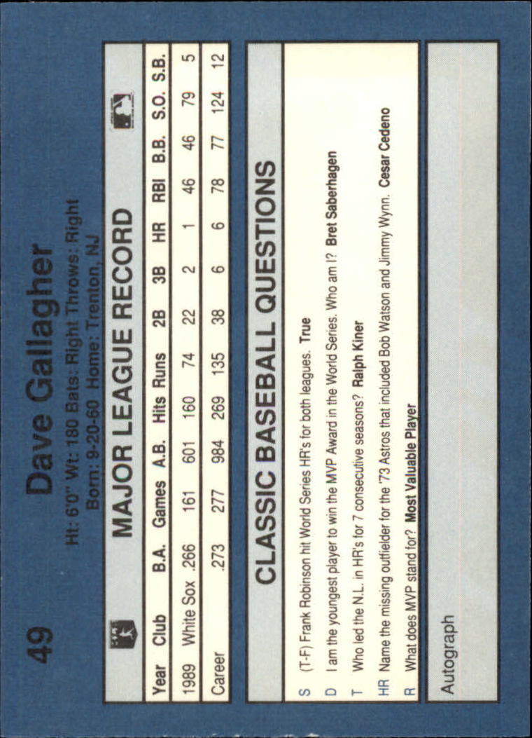 1990 Classic Blue #49 Dave Gallagher back image