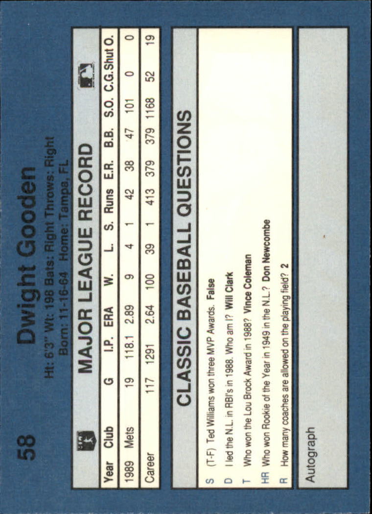 1990 Classic Blue #58 Dwight Gooden back image