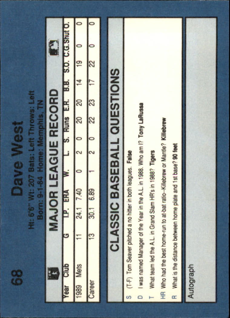 1990 Classic Blue #68 Dave West back image
