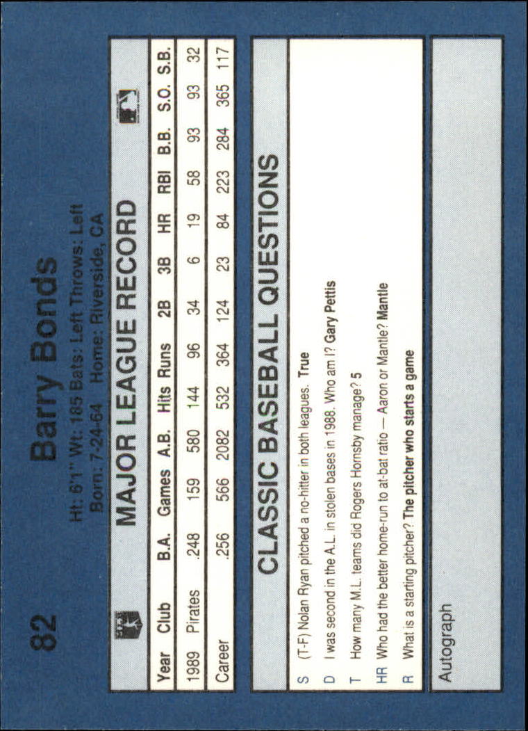 1990 Classic Blue #82 Barry Bonds back image