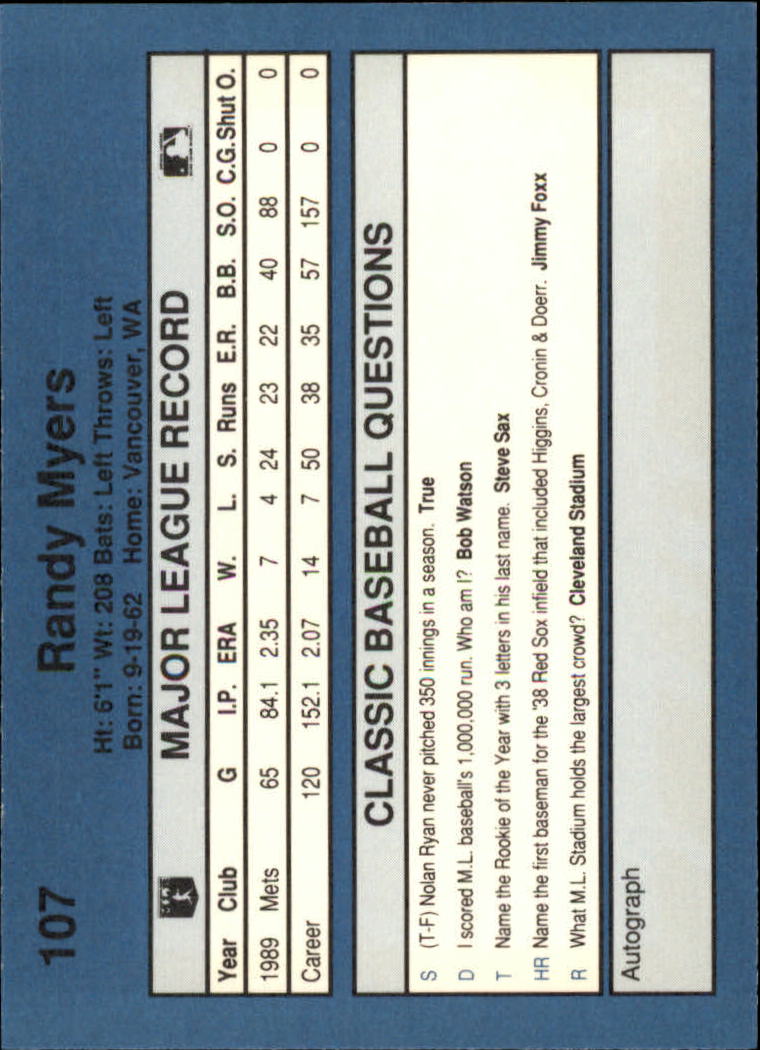 1990 Classic Blue #107 Randy Myers back image