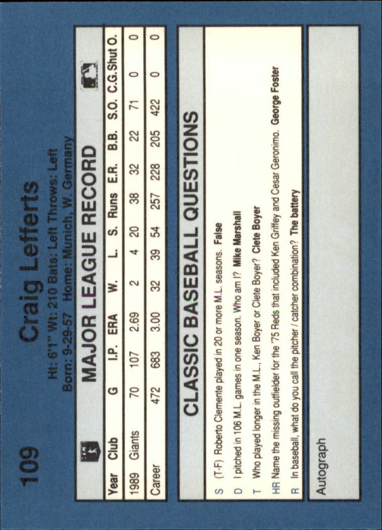 1990 Classic Blue #109 Craig Lefferts back image
