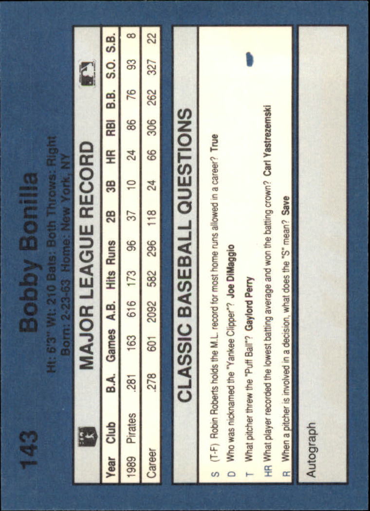 1990 Classic Blue #143 Bobby Bonilla back image