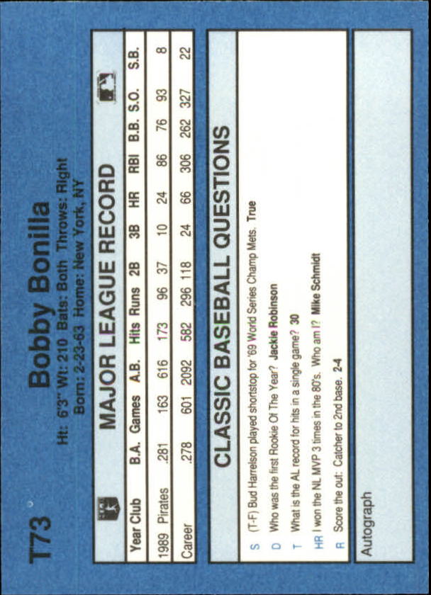 1990 Classic Yellow #T73 Bobby Bonilla back image