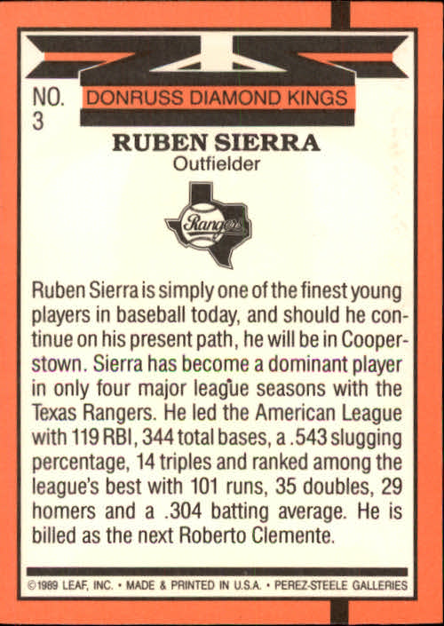 1990 Donruss #3A Ruben Sierra DK ERR/No small line on top/border on card back back image