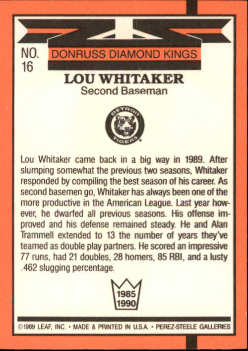 1990 Donruss #16 Lou Whitaker DK back image