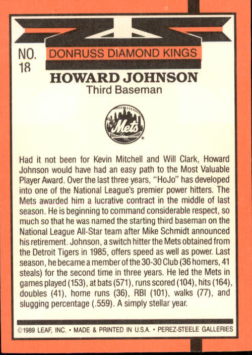 1990 Donruss #18 Howard Johnson DK back image