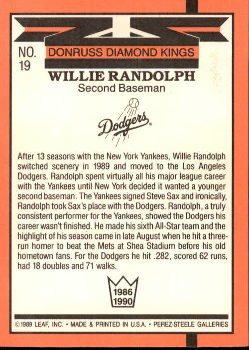 1990 Donruss #19 Willie Randolph DK back image