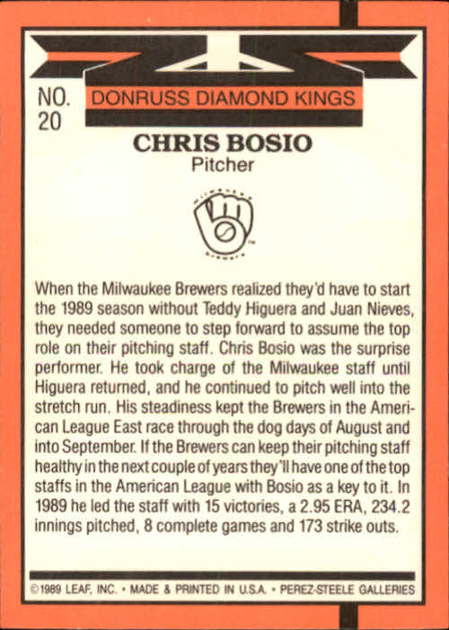 1990 Donruss #20 Chris Bosio DK back image