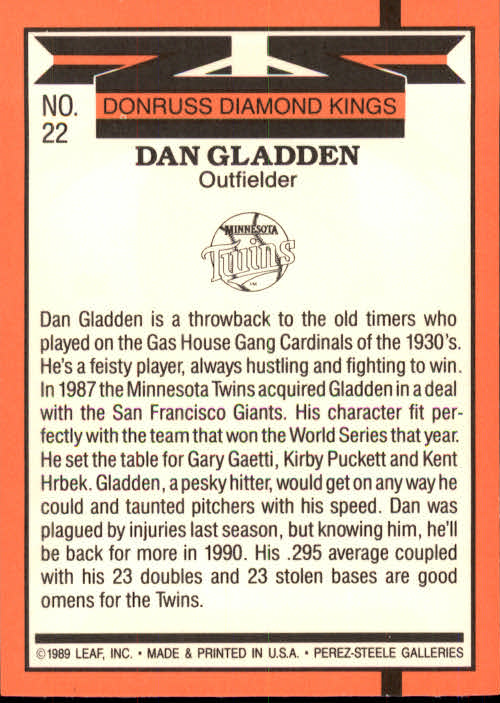 1990 Donruss #22 Dan Gladden DK back image