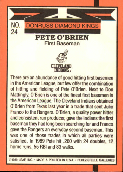 1990 Donruss #24 Pete O'Brien DK back image