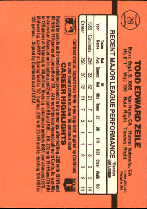 1990 Donruss #29 Todd Zeile RR back image