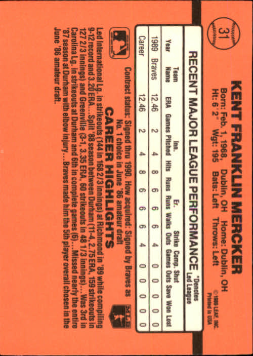 1990 Donruss #31 Kent Mercker RC back image