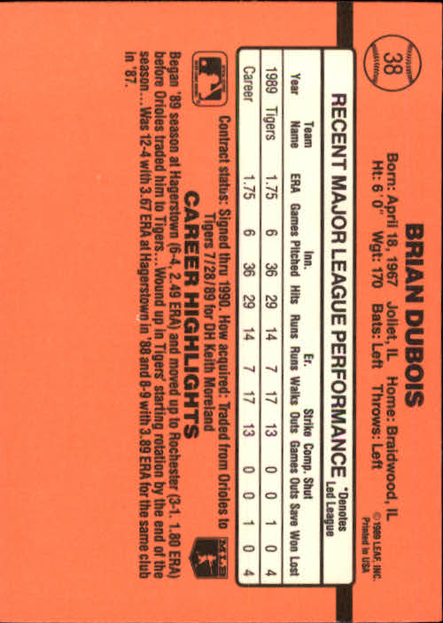 1990 Donruss #38 Brian DuBois RC back image