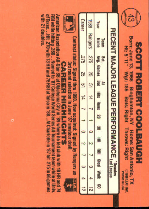 1990 Donruss #43 Scott Coolbaugh RC back image