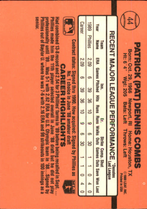 1990 Donruss #44 Pat Combs DP back image