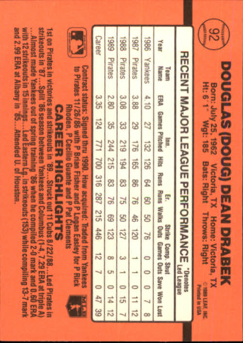 92 Doug Drabek - Pittsburgh Pirates - 1990 Donruss Baseball