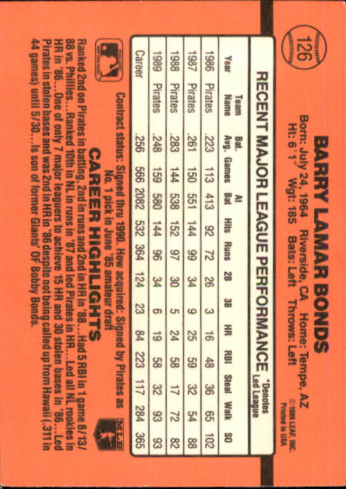 1990 Donruss #126 Barry Bonds back image