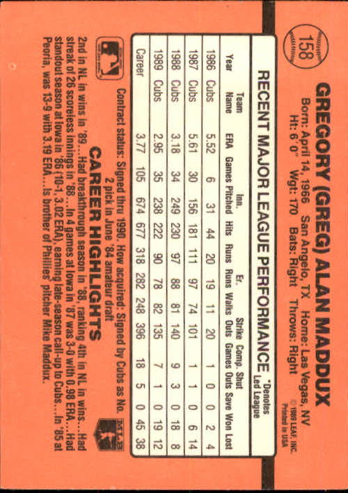 1990 Donruss #158 Greg Maddux back image