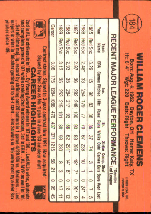 1990 Donruss #184 Roger Clemens back image