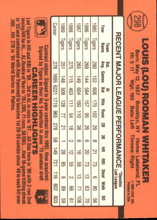 1990 Donruss #298 Lou Whitaker back image
