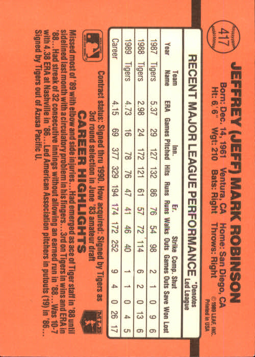 1990 Donruss #417 Jeff M. Robinson back image