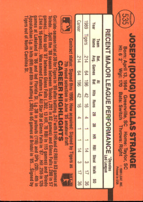 1990 Donruss #535 Doug Strange RC back image