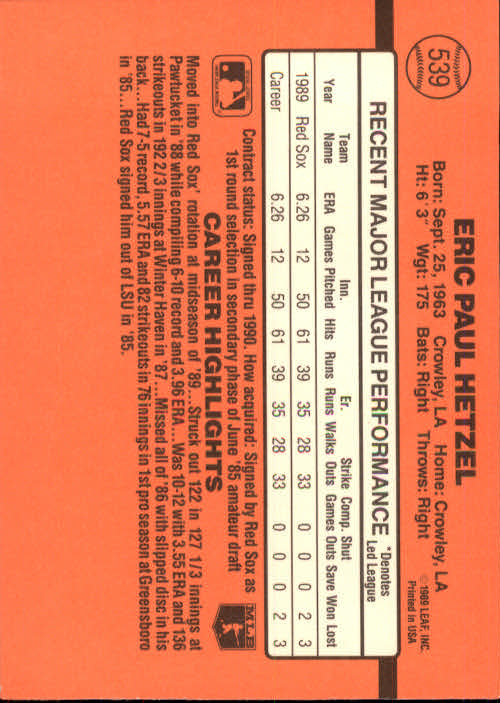 1990 Donruss #539 Eric Hetzel back image