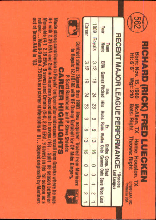 1990 Donruss #562 Rick Luecken RC back image