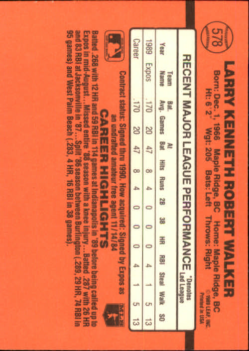 1990 Donruss #578 Larry Walker RC back image