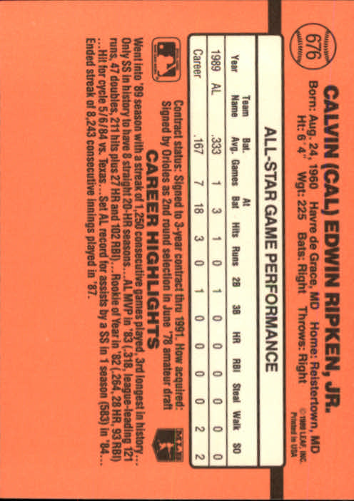 1990 Donruss #676A Cal Ripken AS/All-Star Game/Performance back image