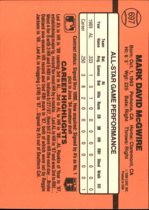 1990 Donruss #697A Mark McGwire AS/Recent Major/League Performance back image
