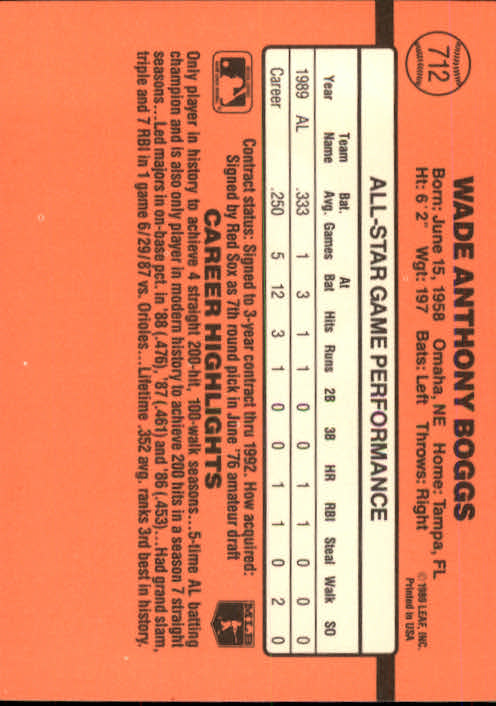1990 Donruss #712A Wade Boggs AS/Recent Major/League Performance back image