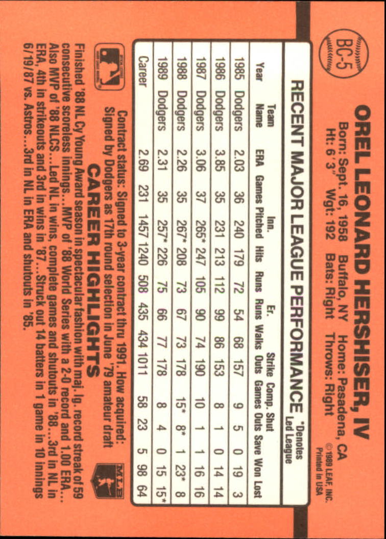 1990 Donruss Bonus MVP's #BC5 Orel Hershiser back image