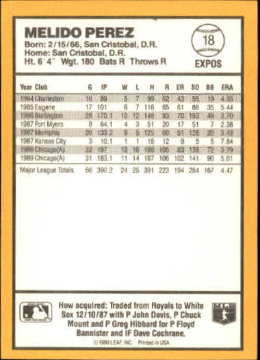1990 Donruss Best AL #18 Melido Perez UER/Listed as an Expo/rather than White Sox back image