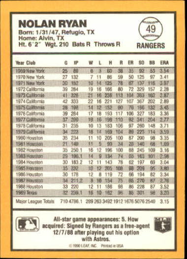 1990 Donruss Best AL #49 Nolan Ryan back image