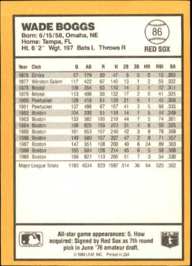 1990 Donruss Best AL #86 Wade Boggs back image