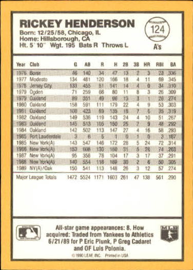 1990 Donruss Best AL #124 Rickey Henderson back image