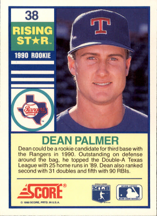 1990 Score Rising Stars #38 Dean Palmer back image